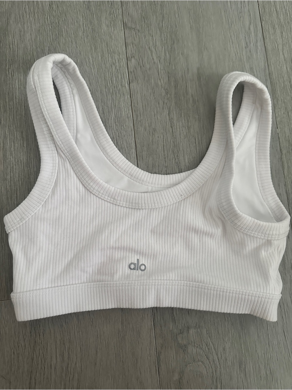 ALO Yoga White Ribbed Workout Top with Subtle Logo